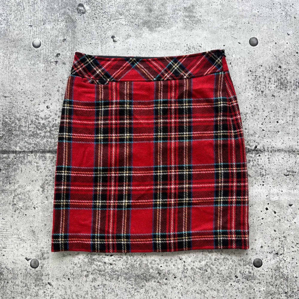 L.L.Bean Plaid Mini Skirt Women 8 Petite Red Wool Nylon Blend Tartan Academic